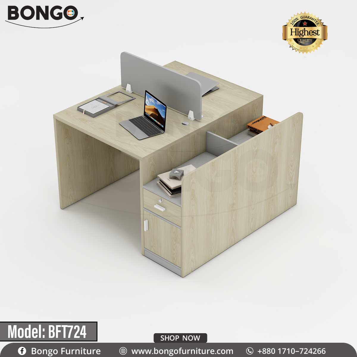 A modern two-person workstation with Albino Water Resistant Strong Laminated Board desktops and a light Albino frame. The back-to-back design features a central storage spine and an attached side unit with a lockable drawer and cabinet. A low, light Albino privacy screen separates the two work areas, which are staged with a laptop and office supplies.