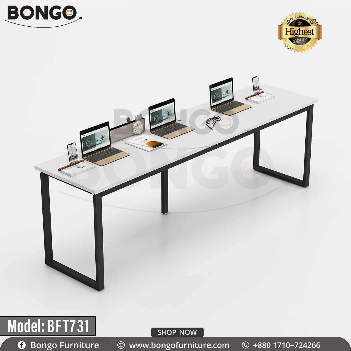 A promotional image of a long, industrial-style co-working table from BONGO. The table features a warm wood-grain top and is supported by three open, rectangular black metal legs. It is staged as a four-person workspace with laptops and accessories. A "Highest Quality" seal is in the top corner.
