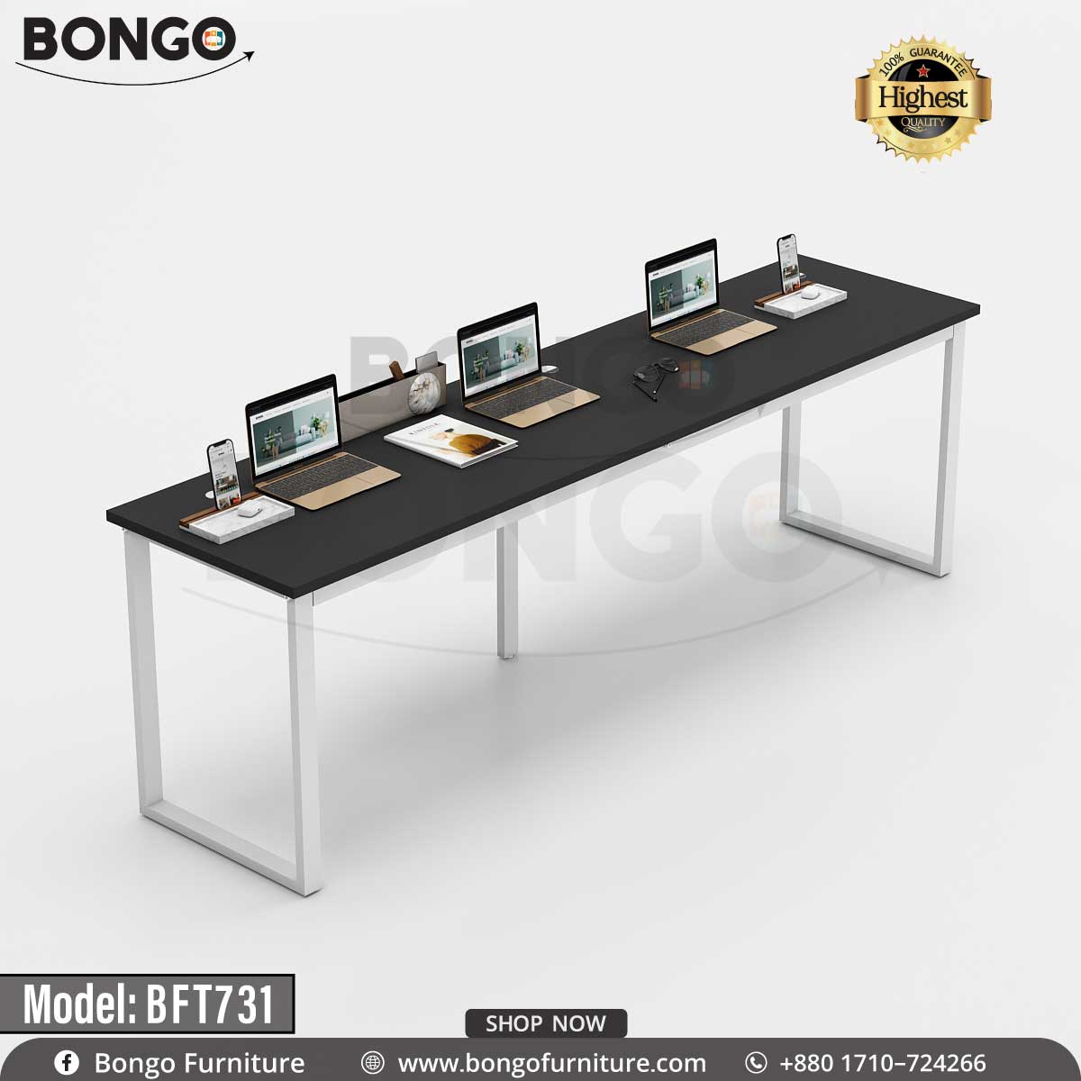 A promotional image of a long, industrial-style co-working table from BONGO. The table features a warm wood-grain top and is supported by three open, rectangular black metal legs. It is staged as a four-person workspace with laptops and accessories. A "Highest Quality" seal is in the top corner.