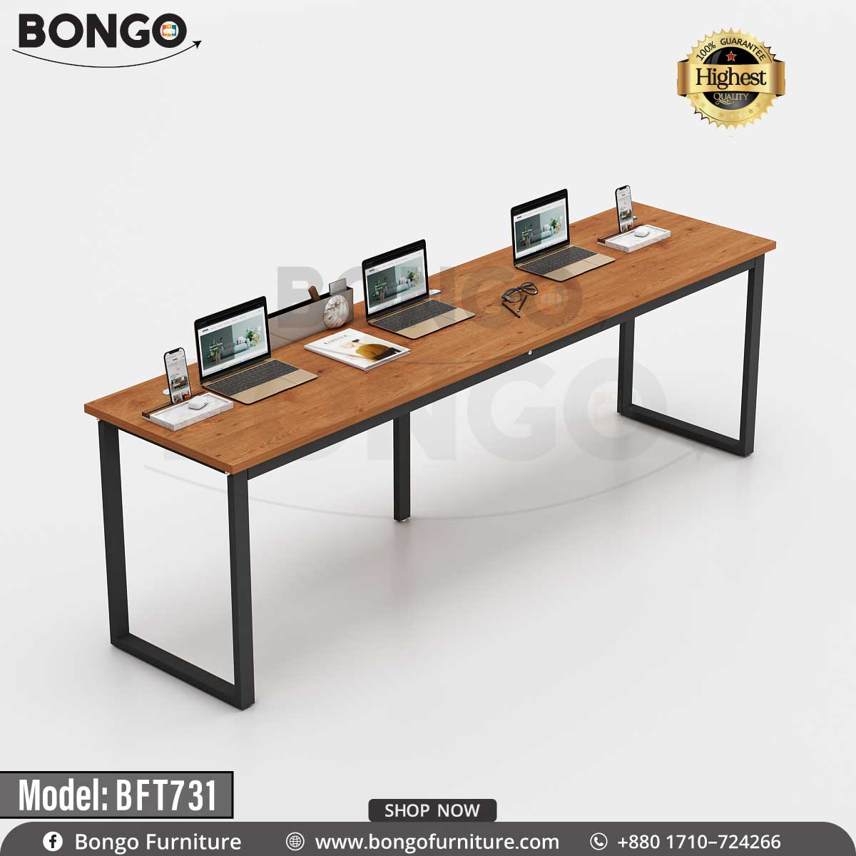 A promotional image of a long, industrial-style co-working table from BONGO. The table features a warm wood-grain top and is supported by three open, rectangular black metal legs. It is staged as a four-person workspace with laptops and accessories. A "Highest Quality" seal is in the top corner.