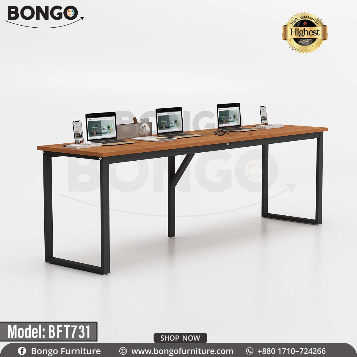 A promotional image of a long, industrial-style co-working table from BONGO. The table features a warm wood-grain top and is supported by three open, rectangular black metal legs. It is staged as a four-person workspace with laptops and accessories. A "Highest Quality" seal is in the top corner.