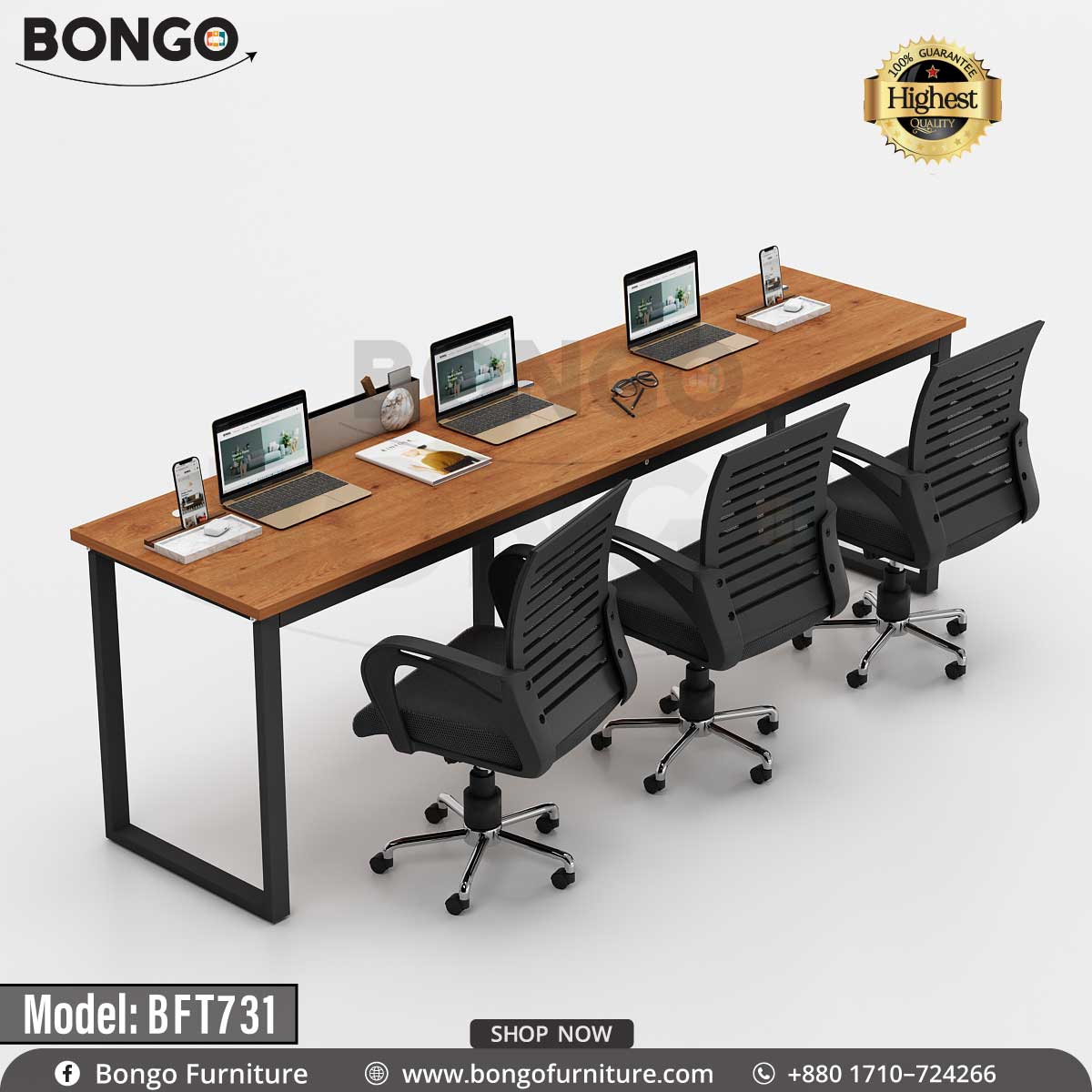 A promotional image of a long, industrial-style co-working table from BONGO. The table features a warm wood-grain top and is supported by three open, rectangular black metal legs. It is staged as a four-person workspace with laptops and accessories. A "Highest Quality" seal is in the top corner.