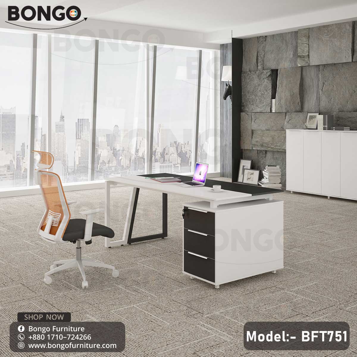 A modern white desk with a computer monitor and a lamp, placed in an elegant office setting with a brown bookshelf, leather chair, and a rug.