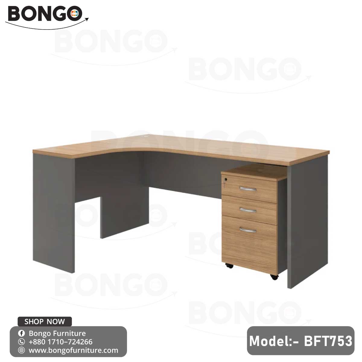 An L-shaped executive desk with a gray tabletop and a wood drawer unit, branded by BONGO, with office chairs and decorative plants in the background.