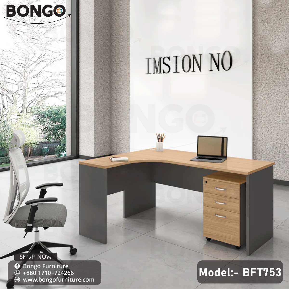 An L-shaped executive desk with a gray tabletop and a wood drawer unit, branded by BONGO, with office chairs and decorative plants in the background.