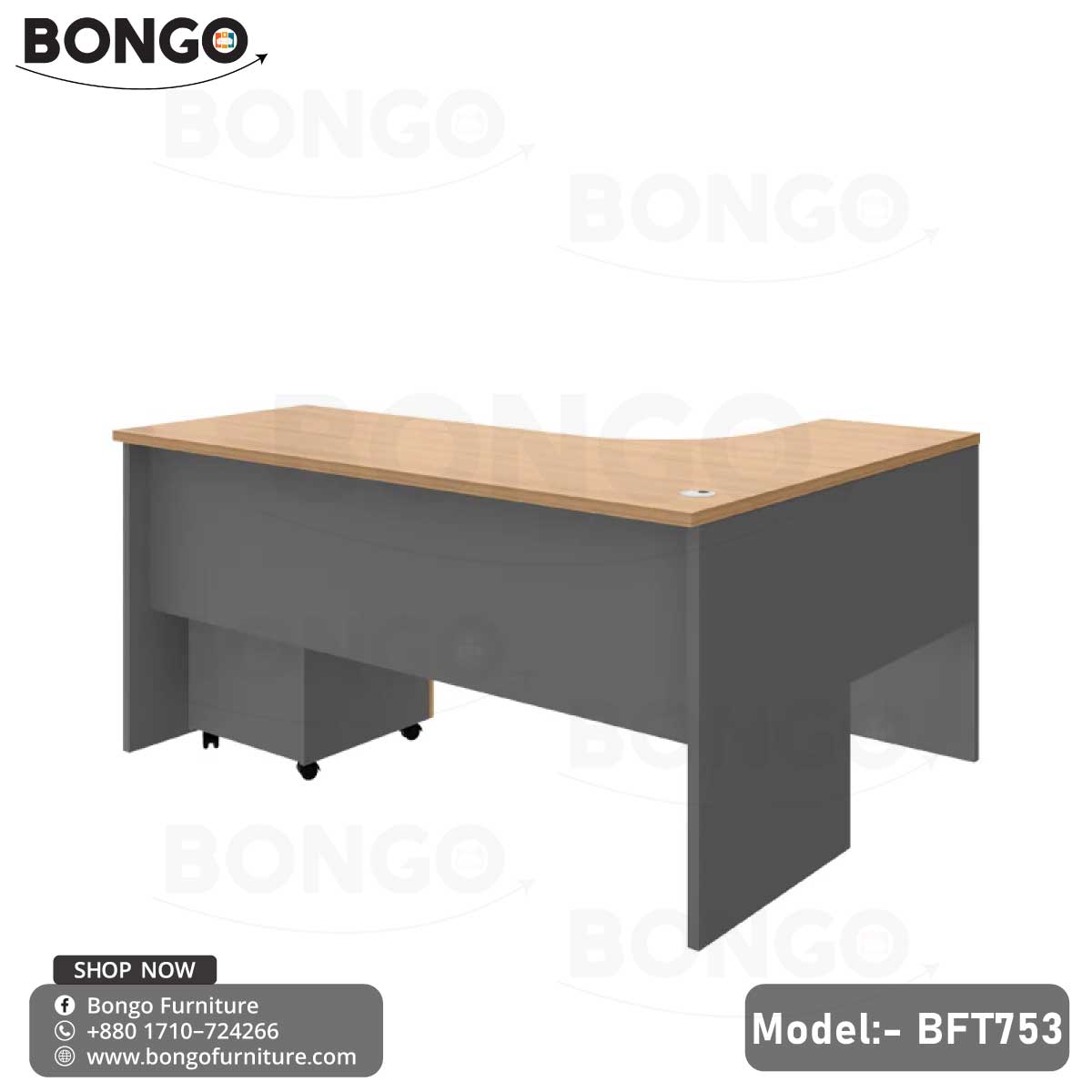 An L-shaped executive desk with a gray tabletop and a wood drawer unit, branded by BONGO, with office chairs and decorative plants in the background.
