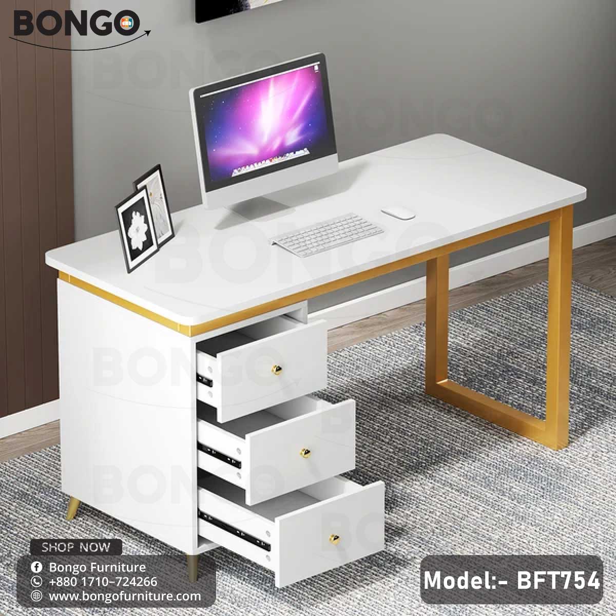 A white executive desk with a golden steel frame and three drawers, model BFT754, displayed against a plain background.