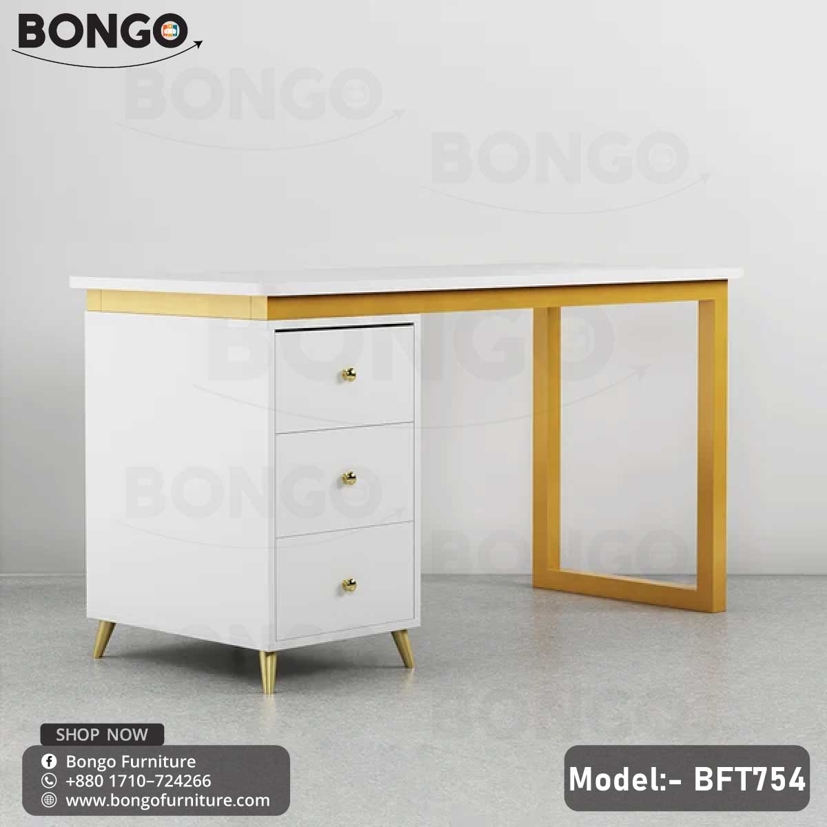 A white executive desk with a golden steel frame and three drawers, model BFT754, displayed against a plain background.