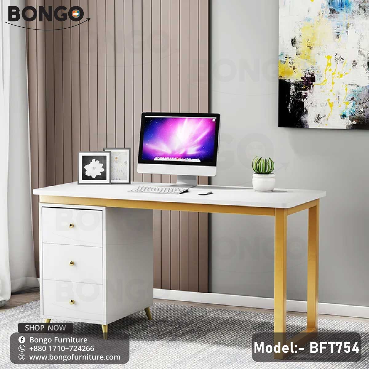 A white executive desk with a golden steel frame and three drawers, model BFT754, displayed against a plain background.