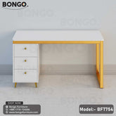 A white executive desk with a golden steel frame and three drawers, model BFT754, displayed against a plain background.