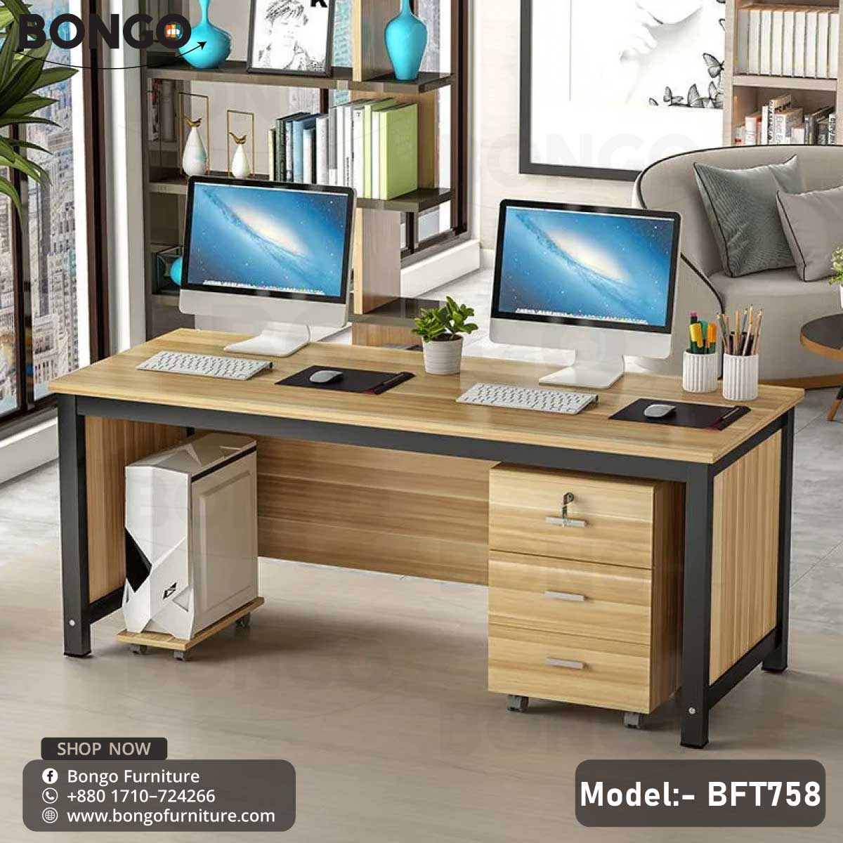 A wooden desk with a white drawer unit and a CPU trolley attached, set in an office environment with various office supplies on top.