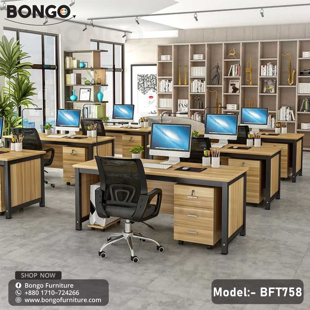 A wooden desk with a white drawer unit and a CPU trolley attached, set in an office environment with various office supplies on top.