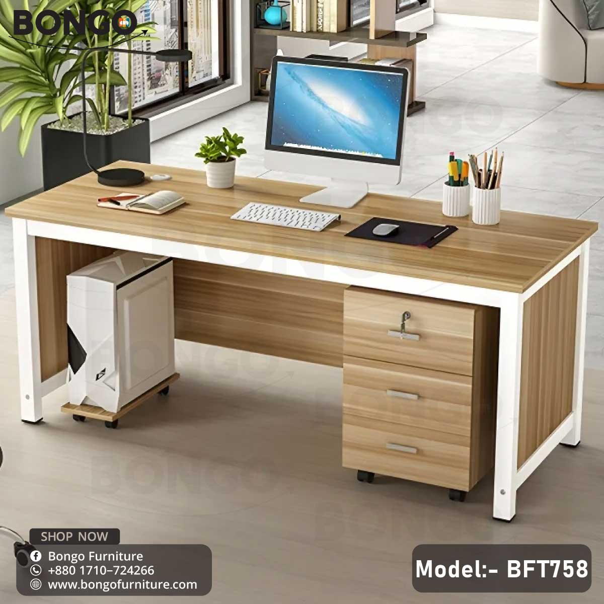A wooden desk with a white drawer unit and a CPU trolley attached, set in an office environment with various office supplies on top.