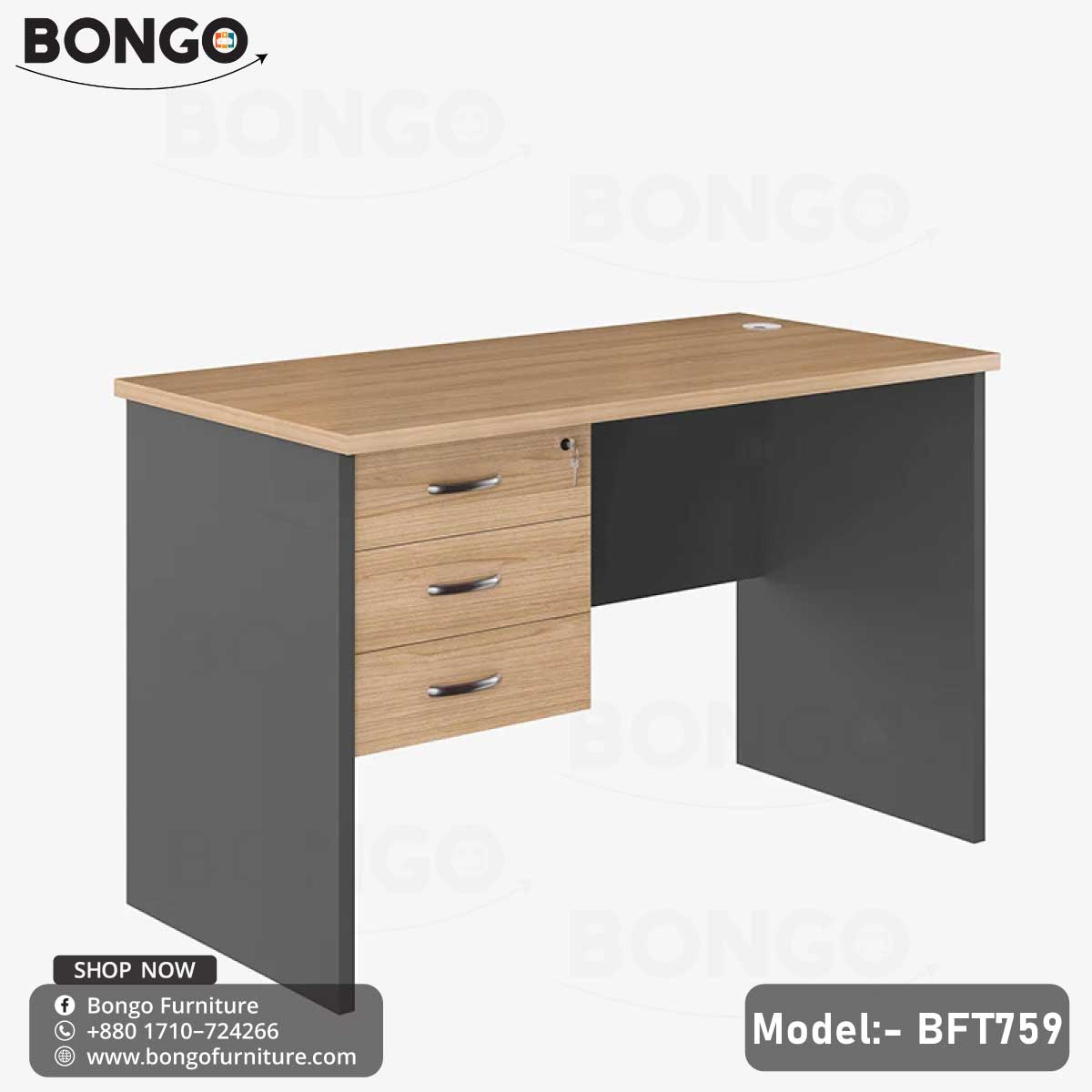 A gray and Black desk model BFT759 with a drawer and a lock, placed against a backdrop featuring a laptop, a magazine, and a book, indicating its use as a office or computer desk.