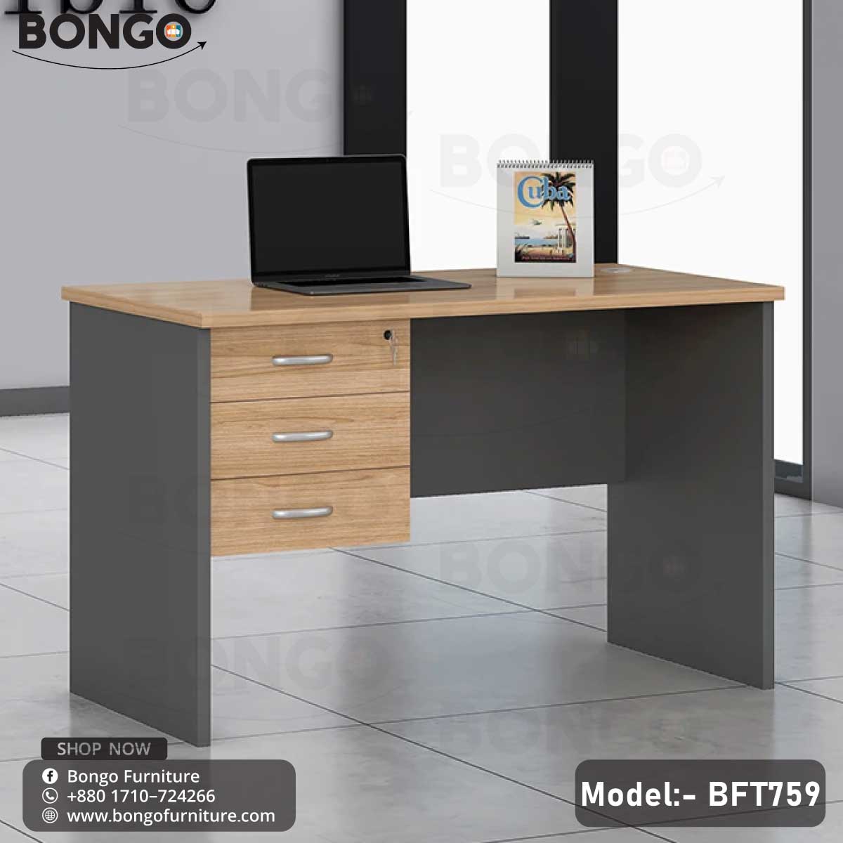 A gray and Black desk model BFT759 with a drawer and a lock, placed against a backdrop featuring a laptop, a magazine, and a book, indicating its use as a office or computer desk.