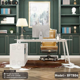 A modern white desk with a computer monitor and a lamp, placed in an elegant office setting with a brown bookshelf, leather chair, and a rug.