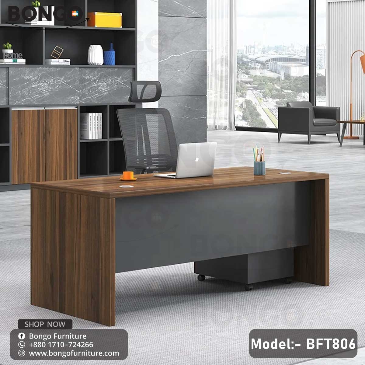 A Water Resistant Strong Laminated Board executive desk model BFT806 with a drawer unit, featuring a table top and a shelf, set in an office environment with office chairs and decor.