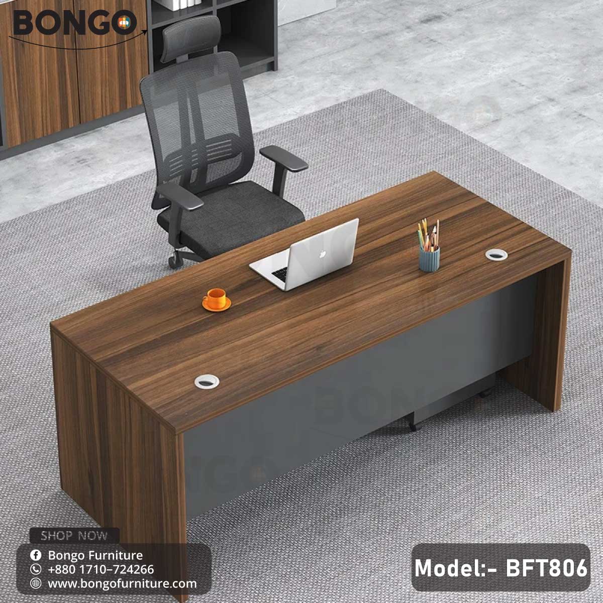 A Water Resistant Strong Laminated Board executive desk model BFT806 with a drawer unit, featuring a table top and a shelf, set in an office environment with office chairs and decor.