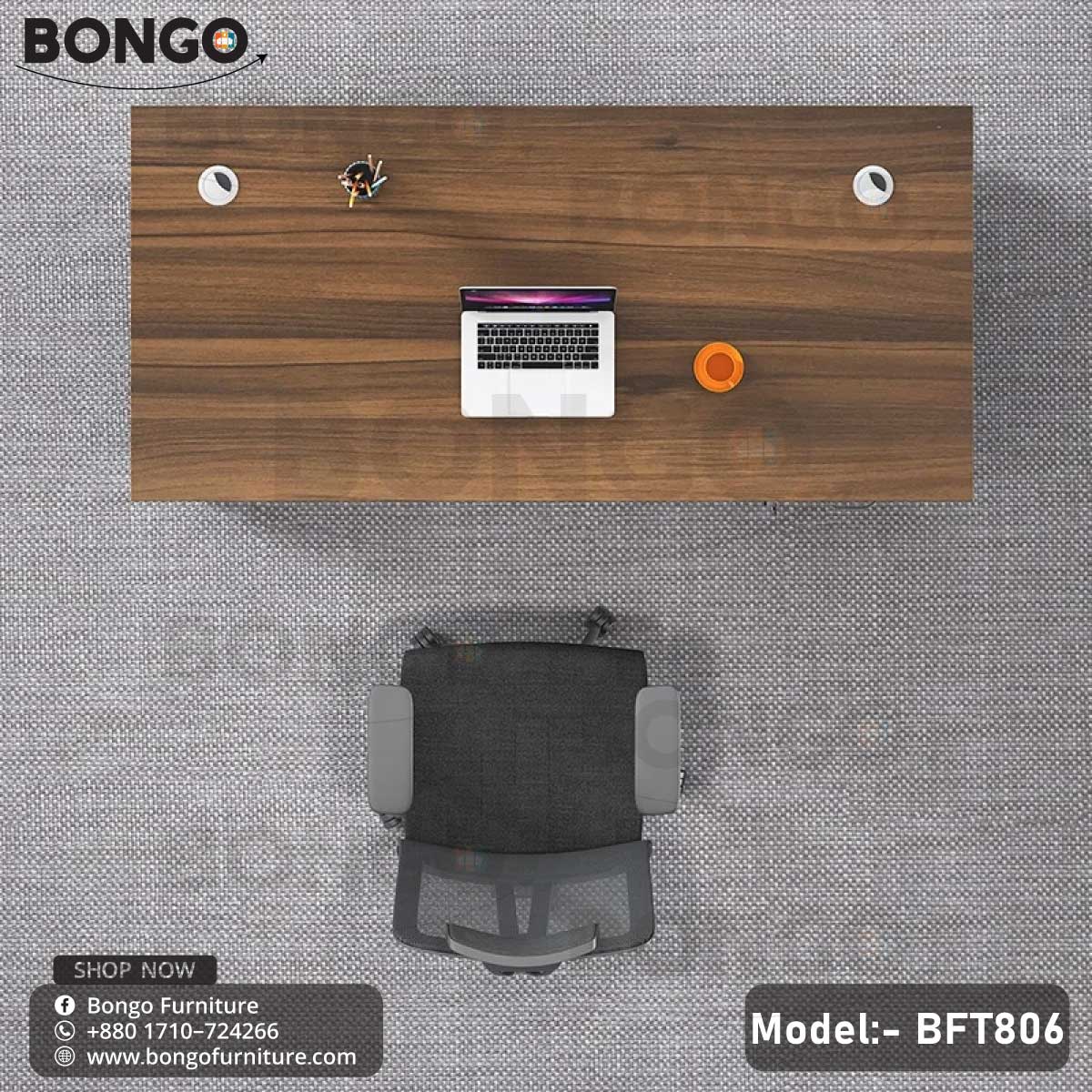 A Water Resistant Strong Laminated Board executive desk model BFT806 with a drawer unit, featuring a table top and a shelf, set in an office environment with office chairs and decor.