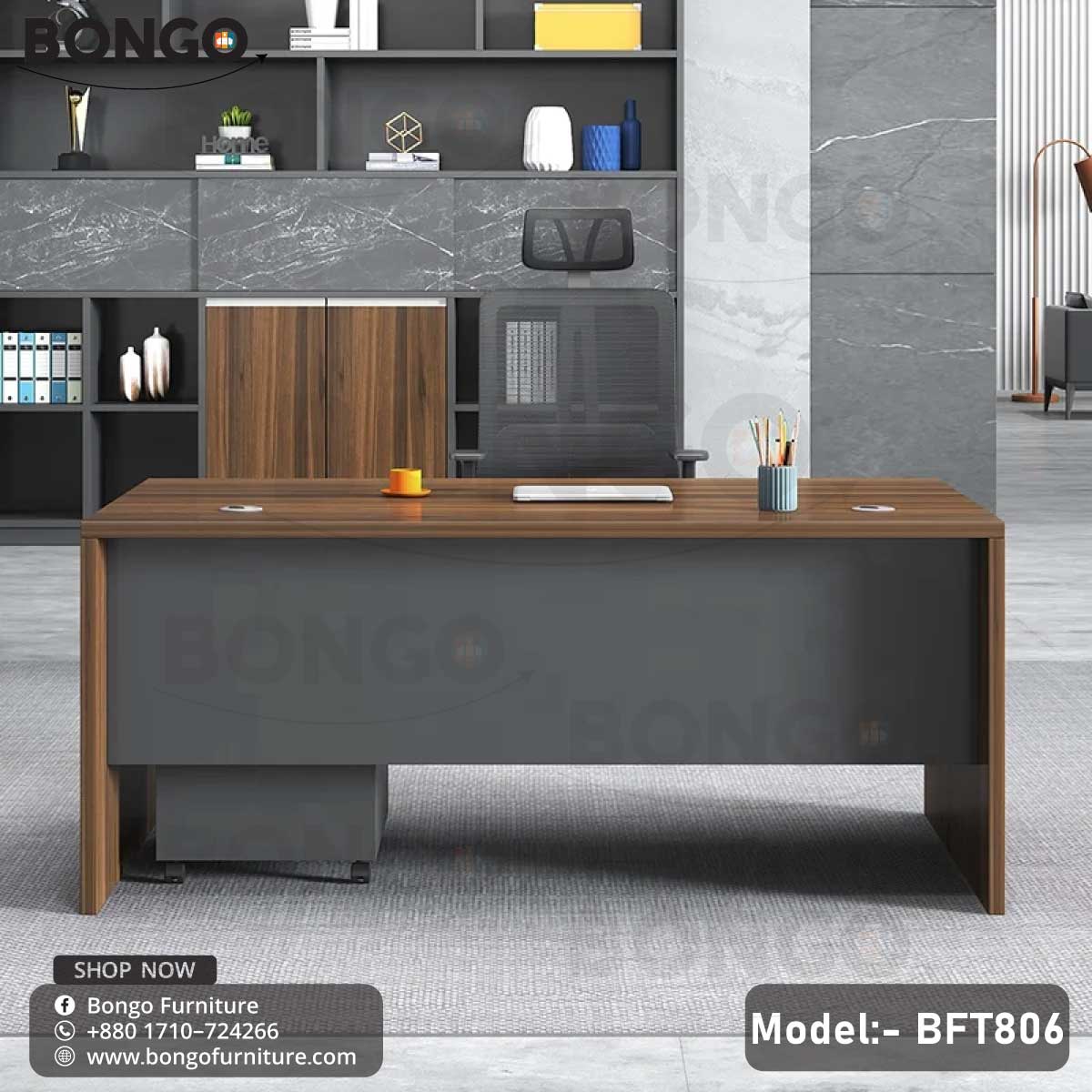 A Water Resistant Strong Laminated Board executive desk model BFT806 with a drawer unit, featuring a table top and a shelf, set in an office environment with office chairs and decor.