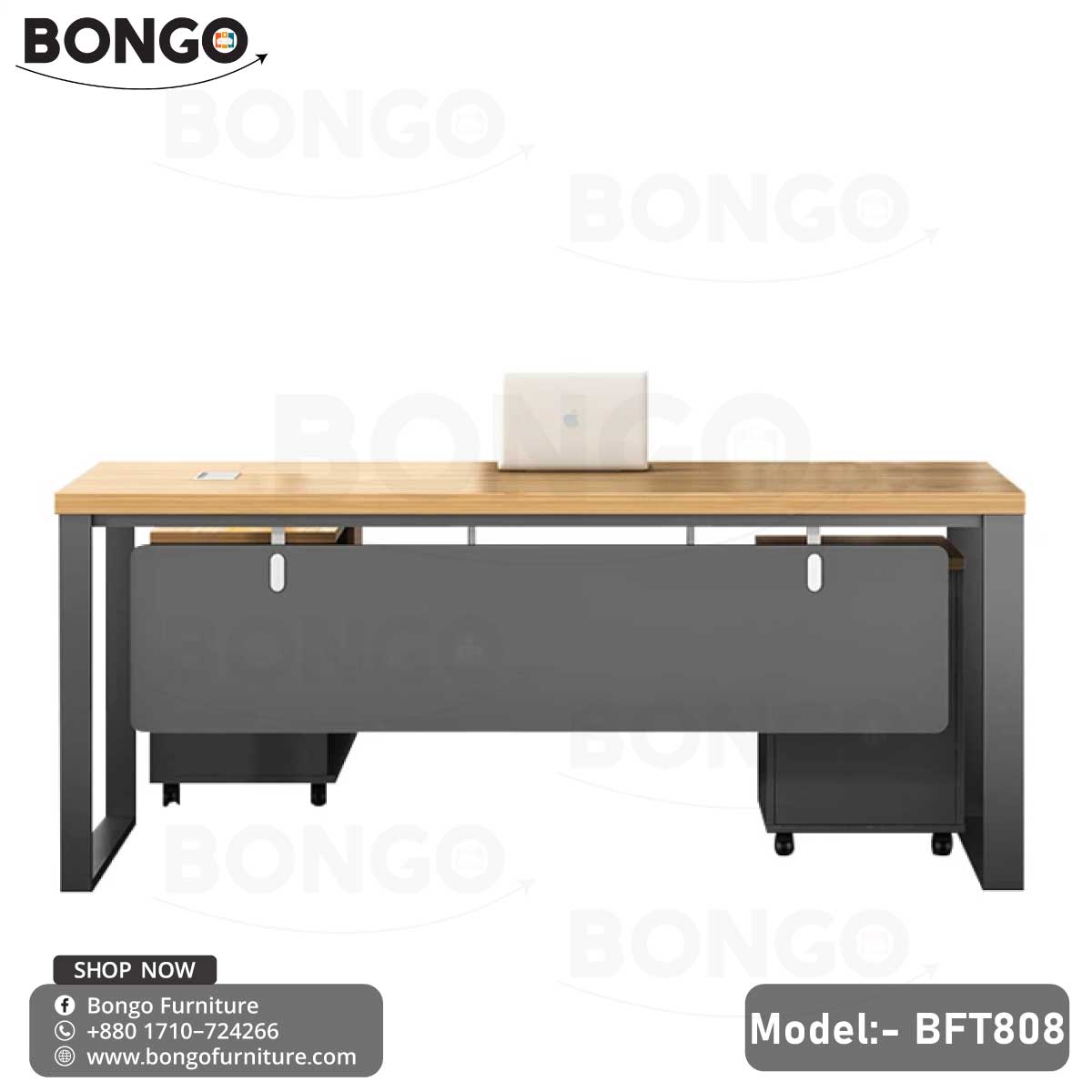 A CEO Desk - BFT808 with a White tabletop and steel frame Black, featuring a drawer unit and PVC wheels. The desk is displayed without any chairs or additional accessories.