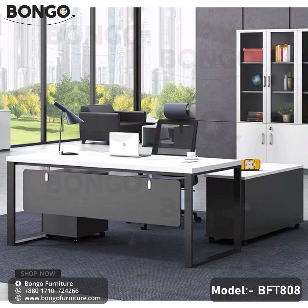 A CEO Desk - BFT808 with a White tabletop and steel frame Black, featuring a drawer unit and PVC wheels. The desk is displayed without any chairs or additional accessories.