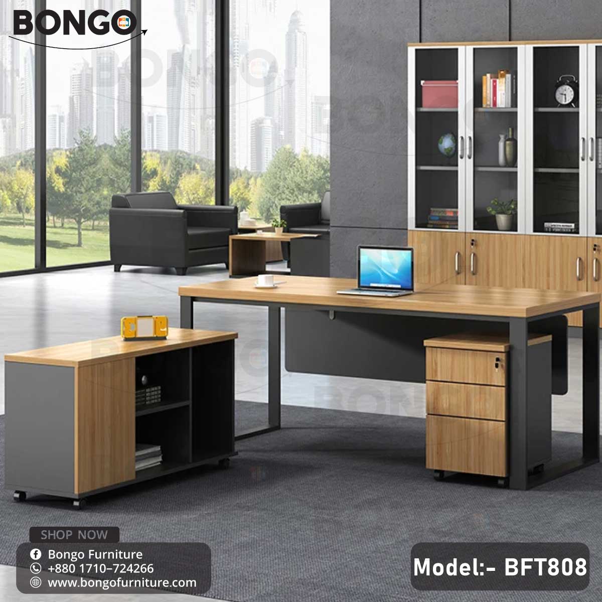 A CEO Desk - BFT808 with a Red Oak tabletop and steel frame Black, featuring a drawer unit and PVC wheels. The desk is displayed without any chairs or additional accessories.