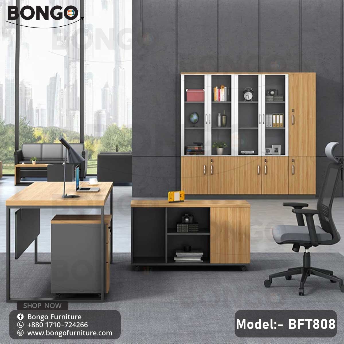 A CEO Desk - BFT808 with a Red Oak tabletop and steel frame Black, featuring a drawer unit and PVC wheels. The desk is displayed without any chairs or additional accessories.