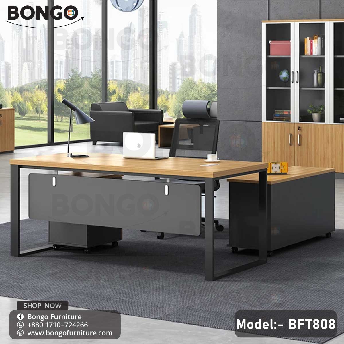A CEO Desk - BFT808 with a Red Oak tabletop and steel frame Black, featuring a drawer unit and PVC wheels. The desk is displayed without any chairs or additional accessories.