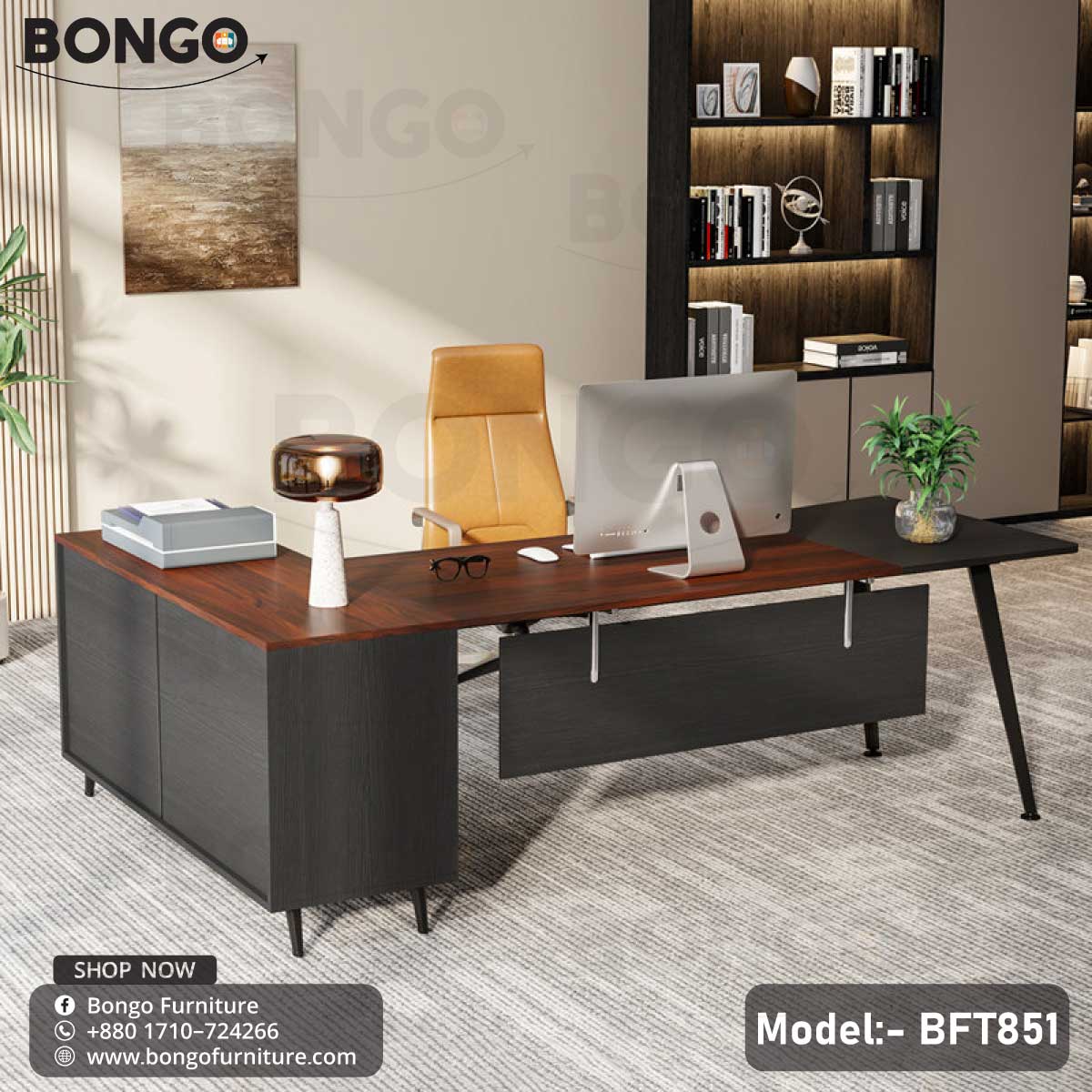 A Dynasty Boss Table model BFT851 with a black steel frame and a brown laminated tabletop, featuring a desk setup with office chairs and decorative plants in the background.