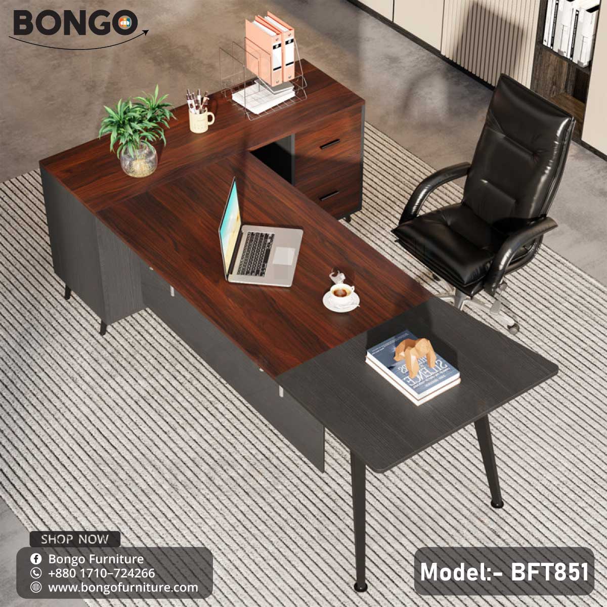 A Dynasty Boss Table model BFT851 with a black steel frame and a brown laminated tabletop, featuring a desk setup with office chairs and decorative plants in the background.