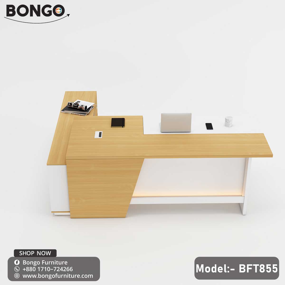 A modern Boss Table - BFT855 with a Beach on top and White color for the drawer and base. The table has a rectangular shape with a visible lock mechanism and a cable hole.
