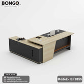 A modern Boss Table - BFT855 with a Albino on top and Black color for the drawer and base. The table has a rectangular shape with a visible lock mechanism and a cable hole.