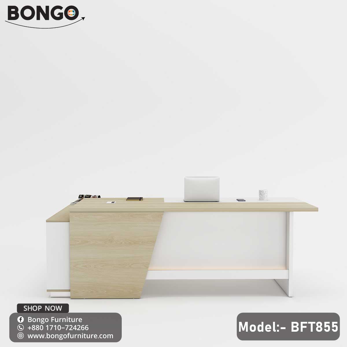 A modern Boss Table - BFT855 with a Beach on top and White color for the drawer and base. The table has a rectangular shape with a visible lock mechanism and a cable hole.