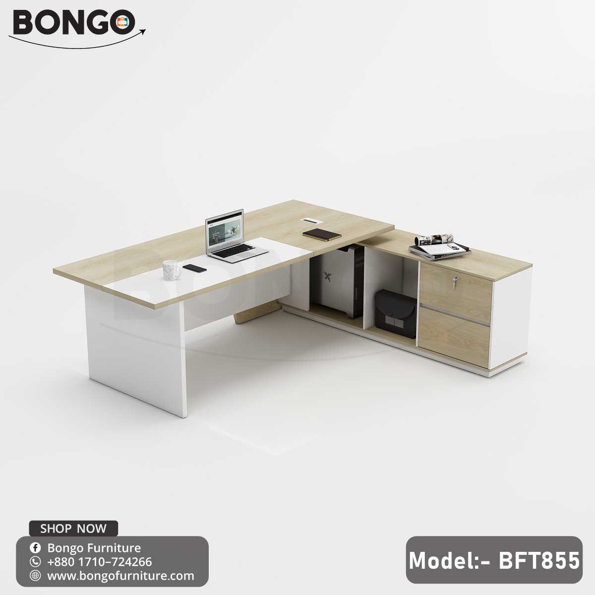 A modern Boss Table - BFT855 with a Beach on top and White color for the drawer and base. The table has a rectangular shape with a visible lock mechanism and a cable hole.
