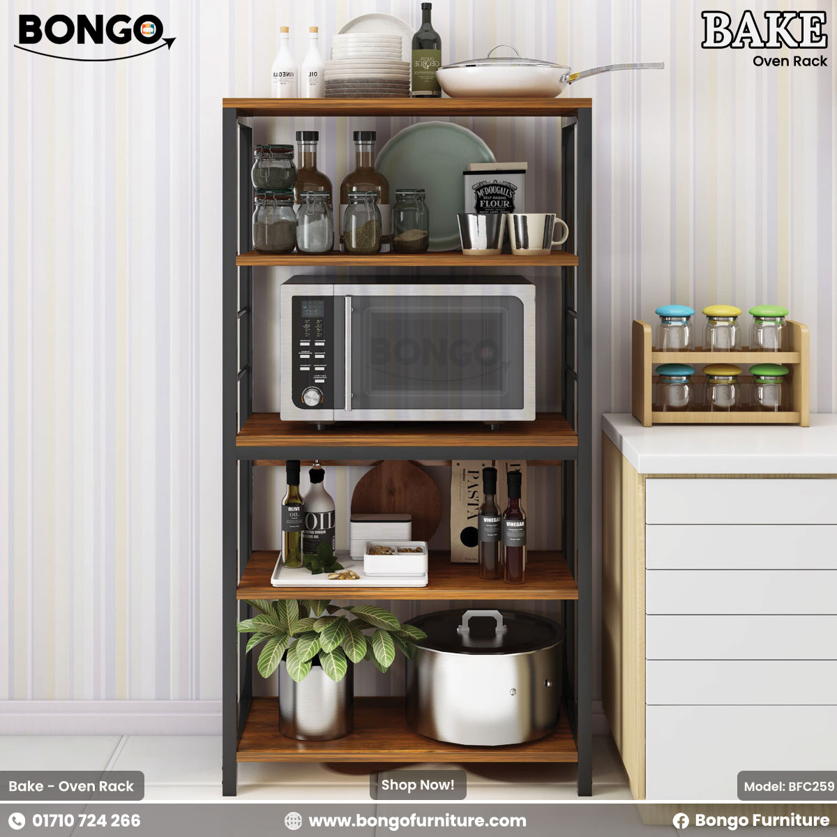 A multi-tiered oven rack filled with kitchen items such as a microwave, pots, and decorative items, with a steel base and Water Resistant Strong Laminated Board shelves.