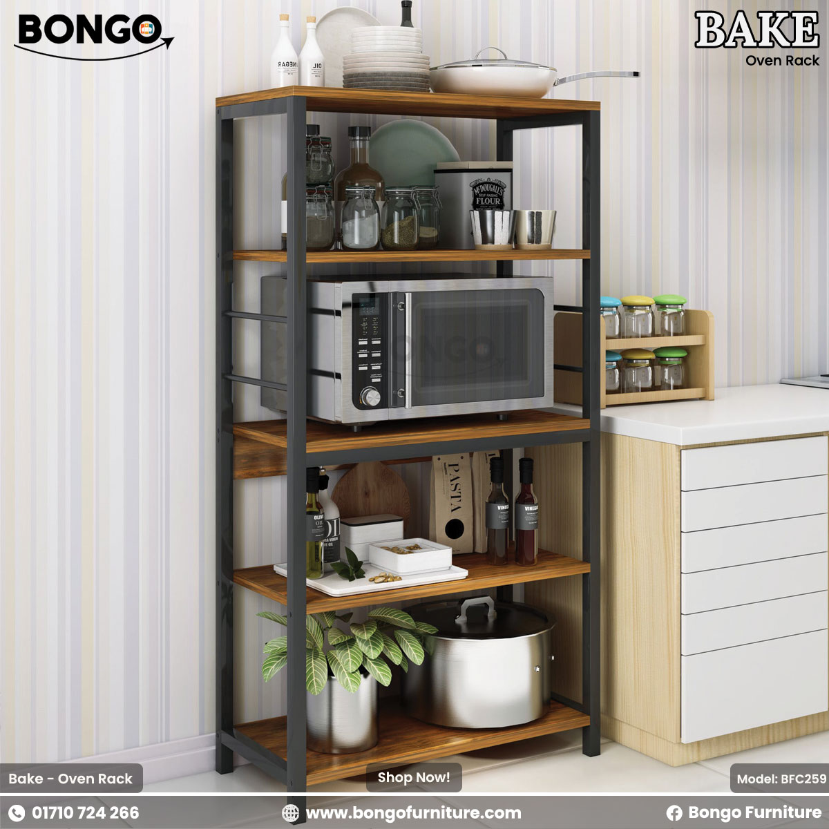 A multi-tiered oven rack filled with kitchen items such as a microwave, pots, and decorative items, with a steel base and Water Resistant Strong Laminated Board shelves.