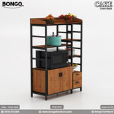 A brown and black Cake - Oven Rack with shelves and a steel base, displaying kitchenware on its shelves.
