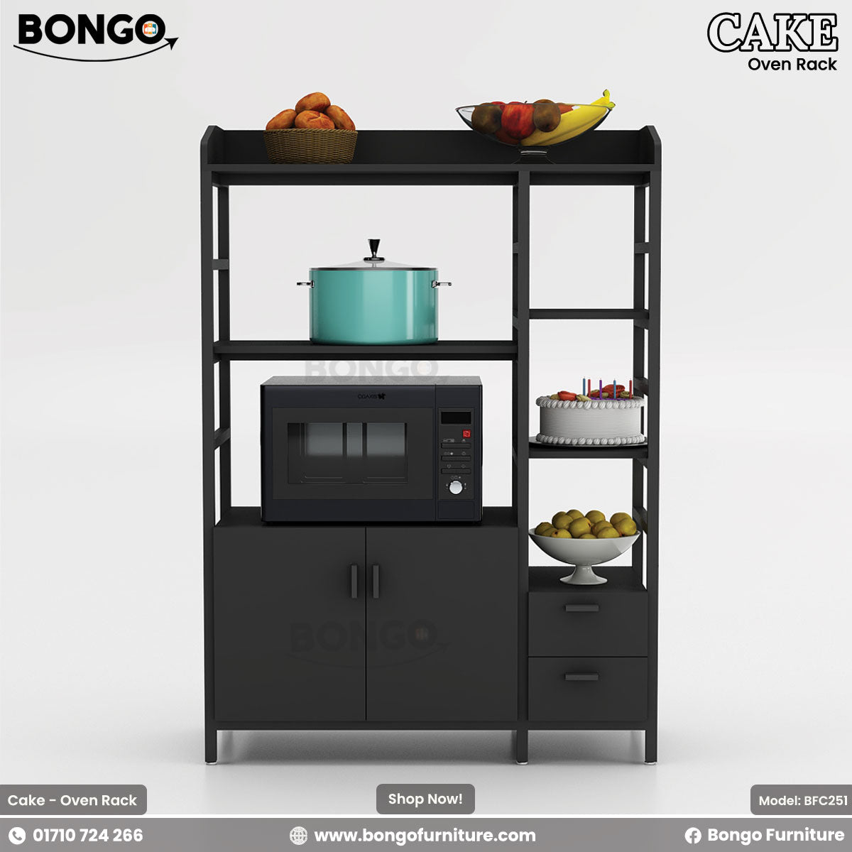 A brown and black Cake - Oven Rack with shelves and a steel base, displaying kitchenware on its shelves.