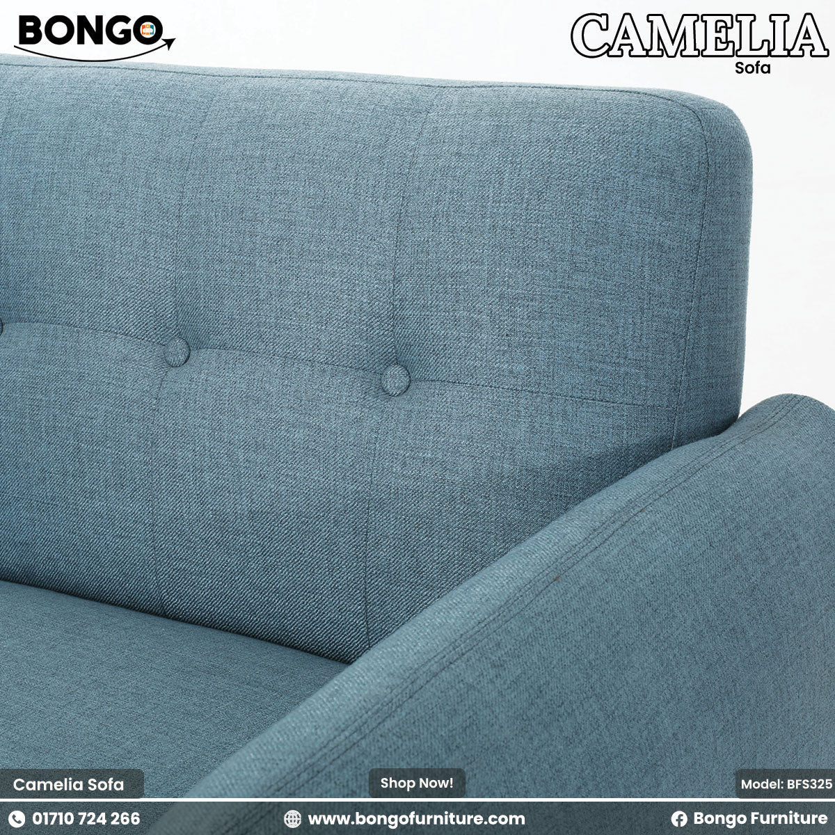 Blue sofa with 'Bongo' branding on a white background