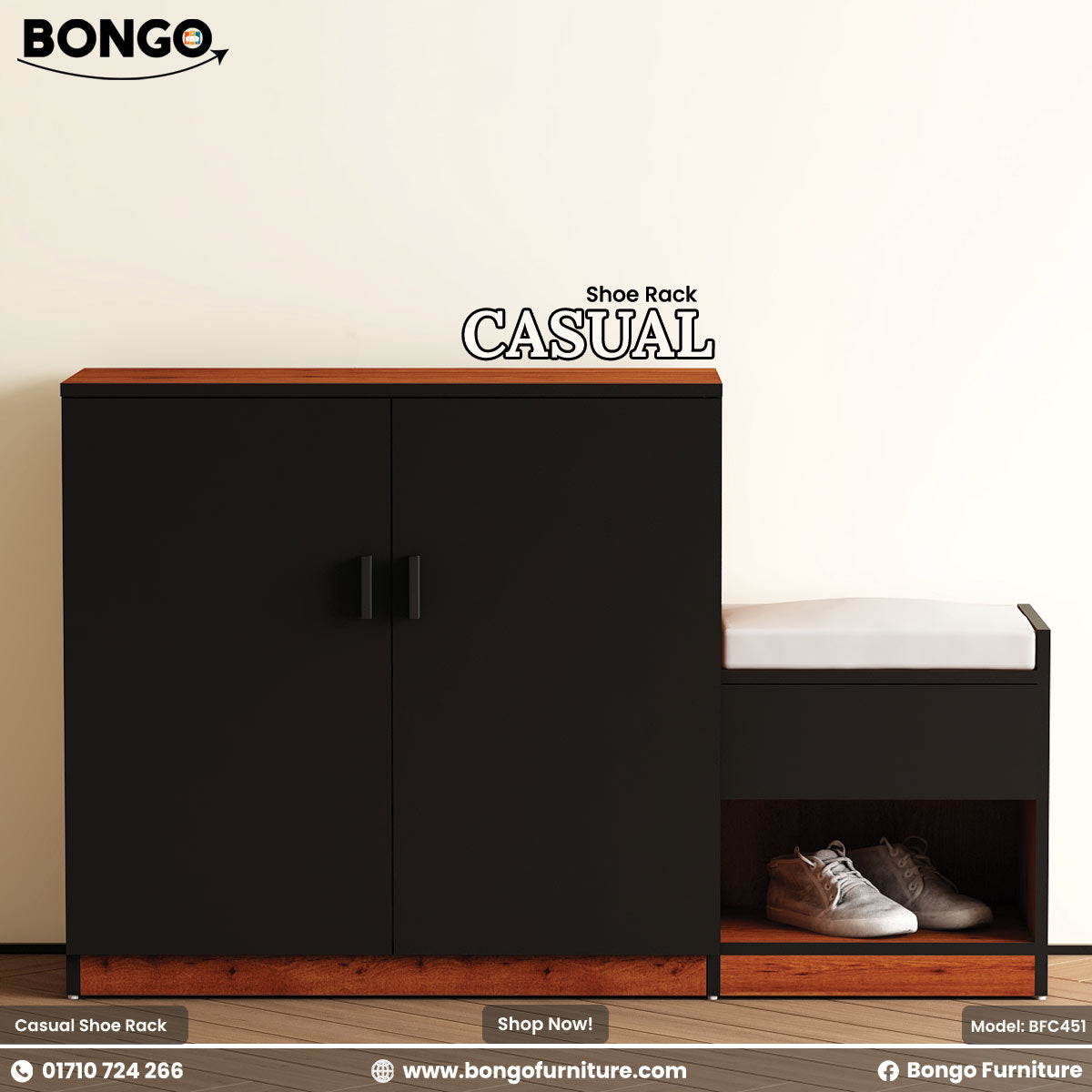 Bongo Casual shoe rack with black cabinet and Water Resistant Strong Laminated Board top on a white background