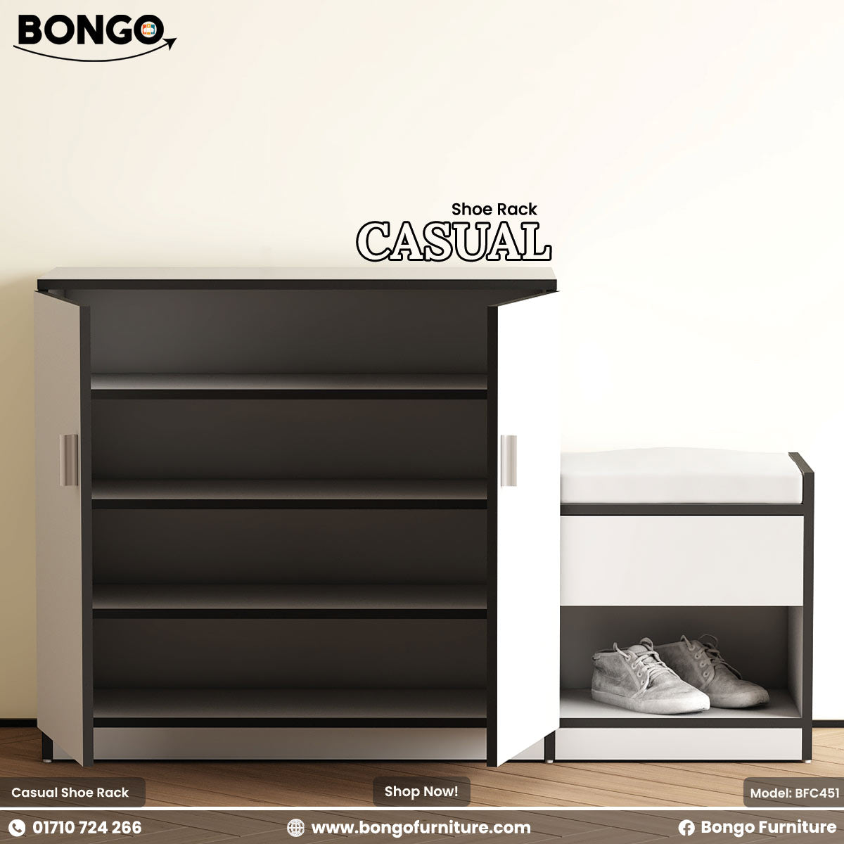 Bongo Casual shoe rack with open door showing shoes on a white background