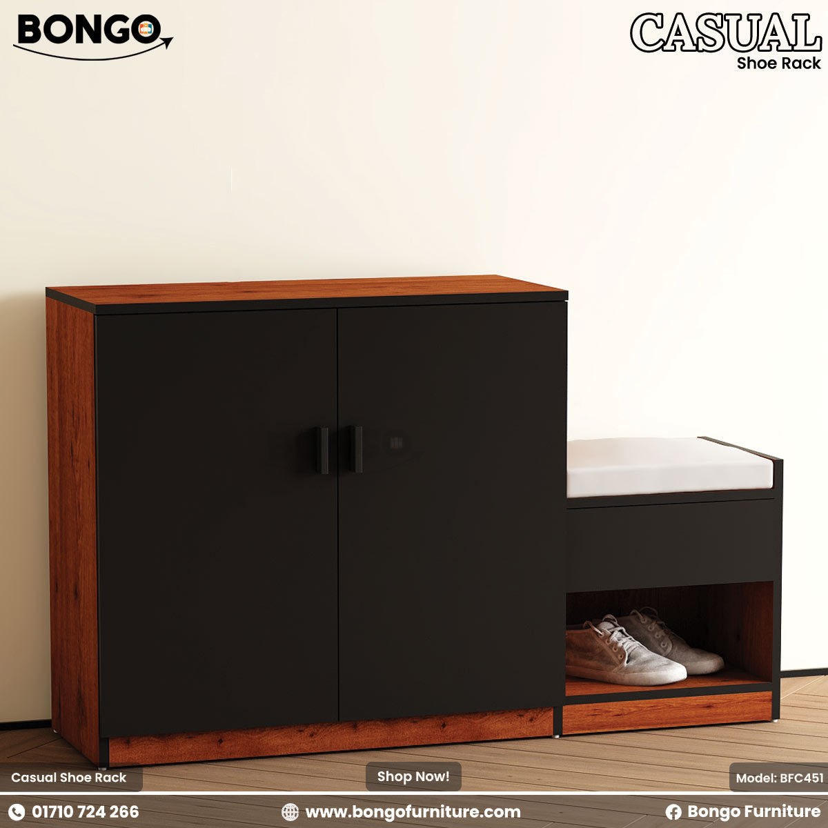 Black shoe rack with Water Resistant Strong Laminated Board accents and open compartment showing shoes, branded 'Bongo'.
