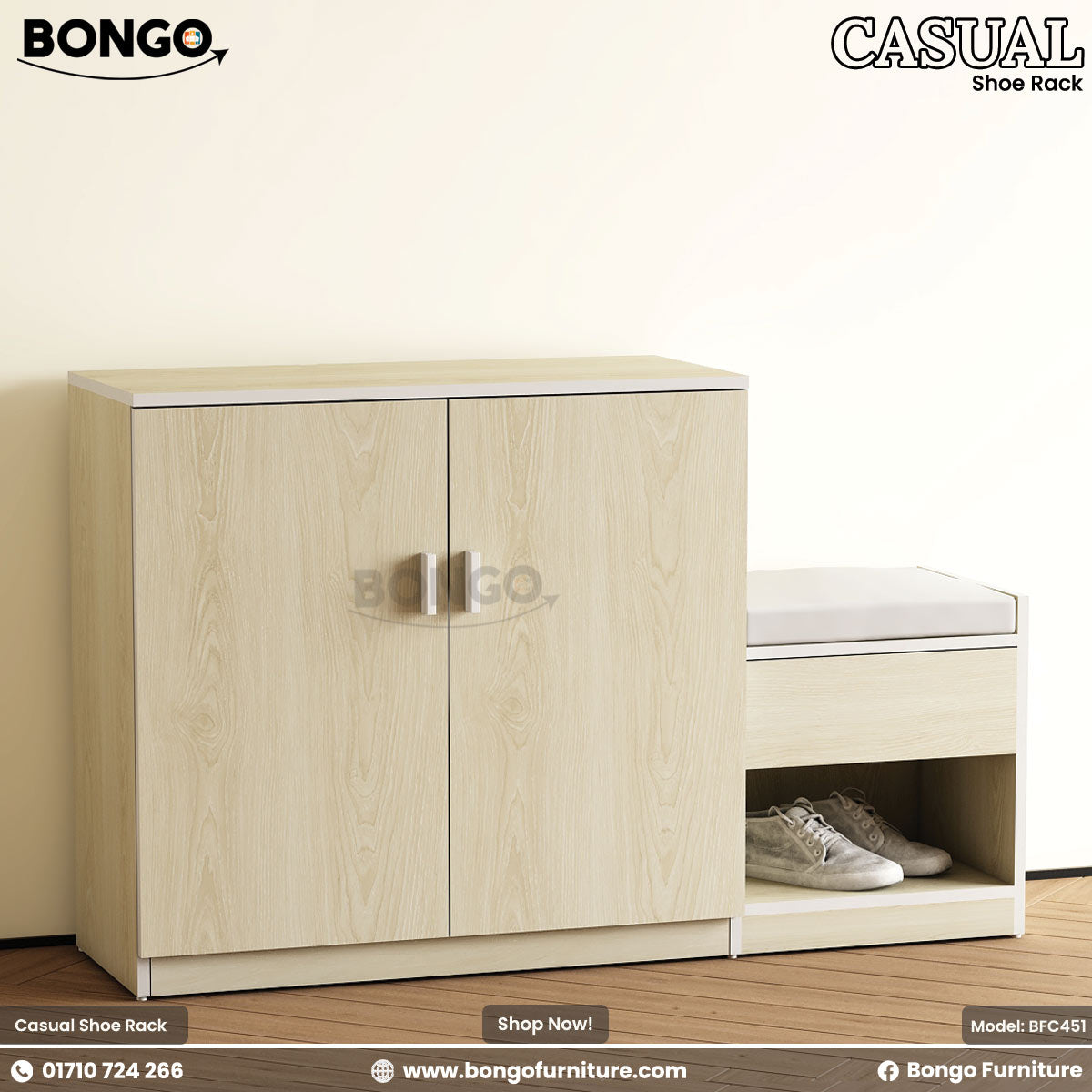 Beige shoe cabinet with open door revealing shoes, Bongo Furniture branding visible.