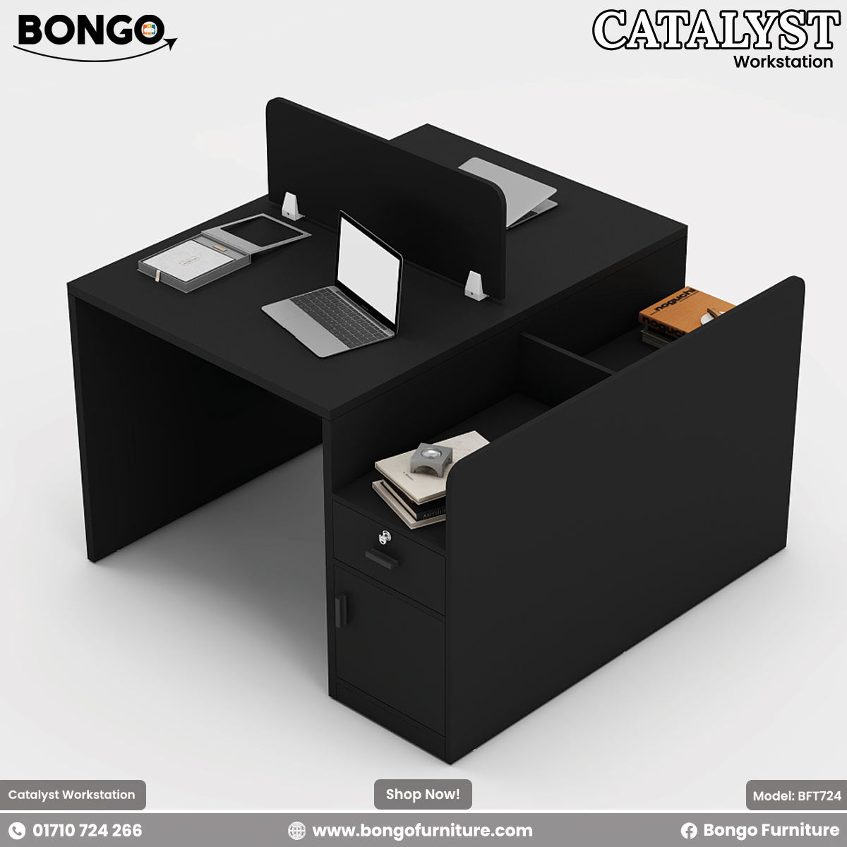 A modern two-person workstation with Black Water Resistant Strong Laminated Board desktops and a light Black frame. The back-to-back design features a central storage spine and an attached side unit with a lockable drawer and cabinet. A low, light gray privacy screen separates the two work areas, which are staged with a laptop and office supplies.