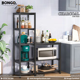 A charcoal gray oven rack displayed in a kitchen setting, featuring multiple shelves with kitchen appliances and items placed on it.