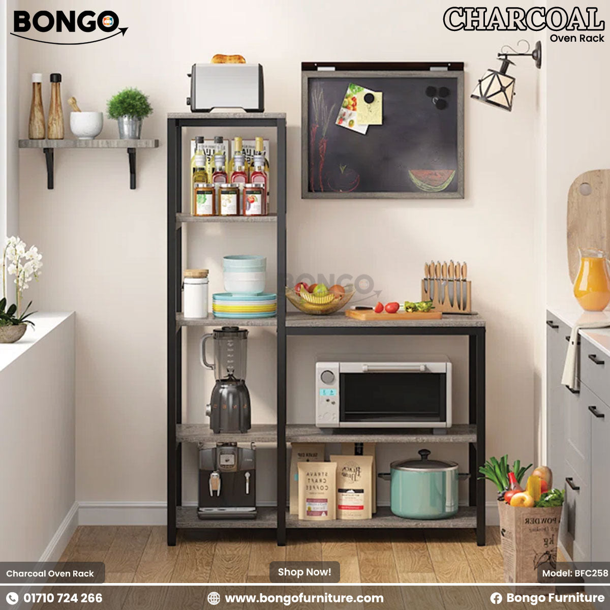 A promotional image for the 'CHARCOAL Oven Rack' from BONGO, a modular kitchen storage system. The industrial-style set features a black metal frame and rustic gray wood-grain shelves. It consists of a tall, five-tier shelving unit and a wider microwave stand, shown fully stocked with various kitchen appliances and food items in a bright kitchen.