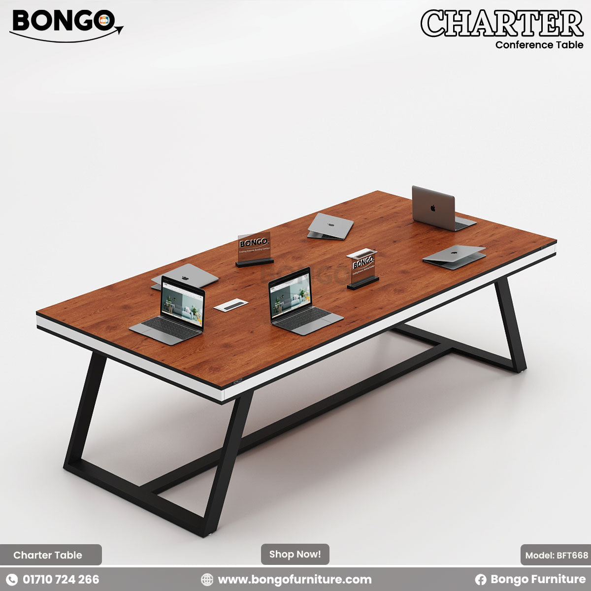 A rectangular black conference table with a steel base, surrounded by black office chairs with wheels. The table has a white rectangular name plate on each side.