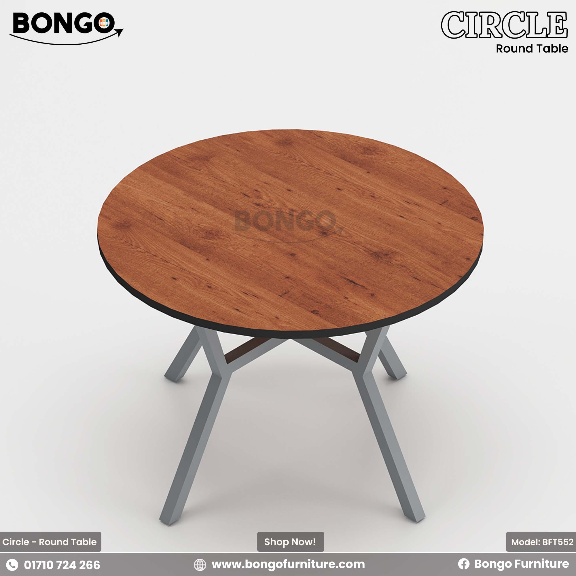 A round dining table with a beige laminated surface and a dark steel base, placed in a room with a view of buildings through the window.