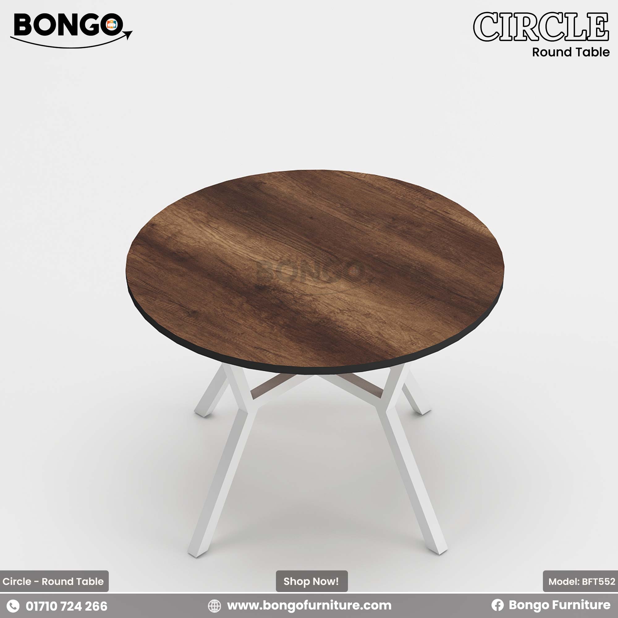 A round dining table with a beige laminated surface and a dark steel base, placed in a room with a view of buildings through the window.